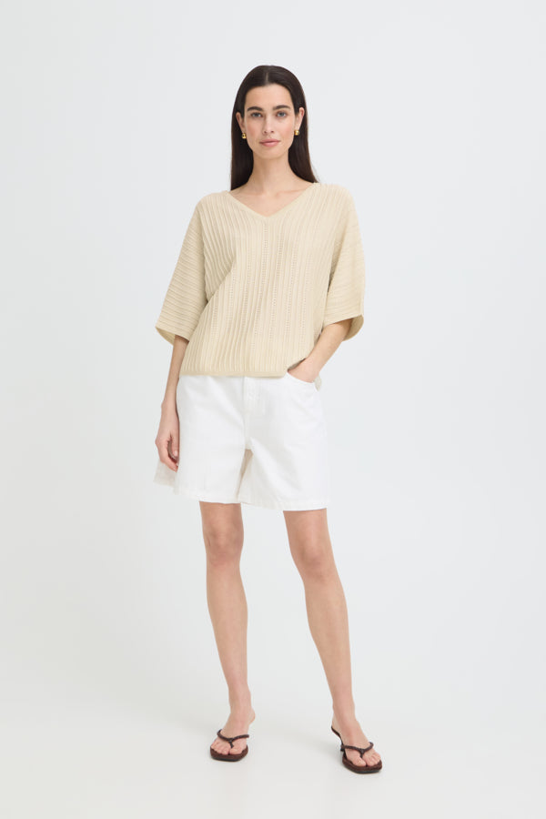 MOBBE V Neck Fine Jumper in Birch cream