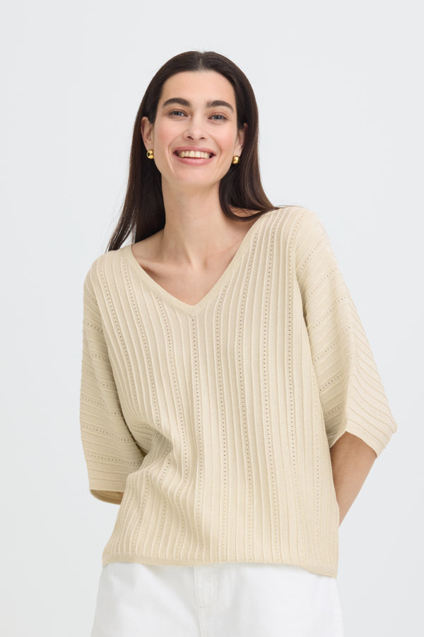 MOBBE V Neck Fine Jumper in Birch cream