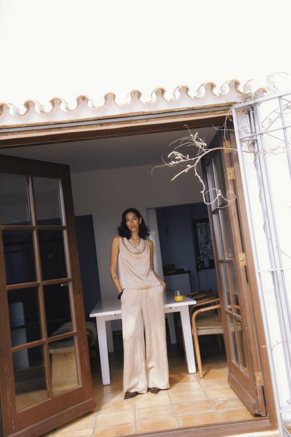 DACANNA Silky Wide Leg Trousers in Stucco Warm Caramel