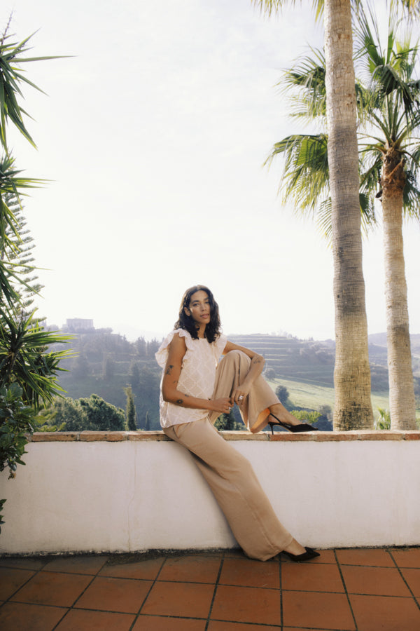 DACANNA Silky Wide Leg Trousers in Stucco Warm Caramel