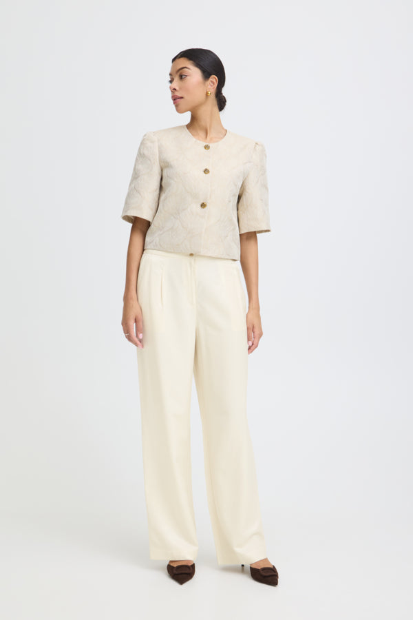 DALIANA Linen Look Wide Leg Tailored Trousers in Cream