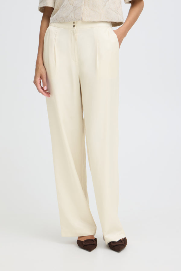 DALIANA Linen Look Wide Leg Tailored Trousers in Cream