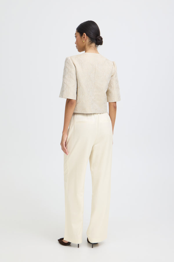 DALIANA Linen Look Wide Leg Tailored Trousers in Cream