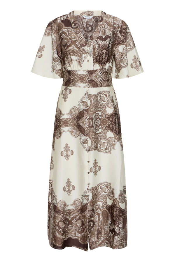 JANNIKE 2 Short Sleeve Silky Dress in Chocolate Paisley Print