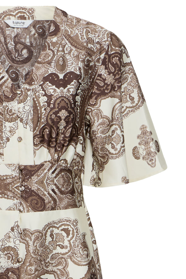 JANNIKE 2 Short Sleeve Silky Dress in Chocolate Paisley Print