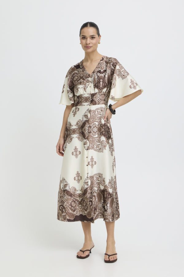 JANNIKE 2 Short Sleeve Silky Dress in Chocolate Paisley Print