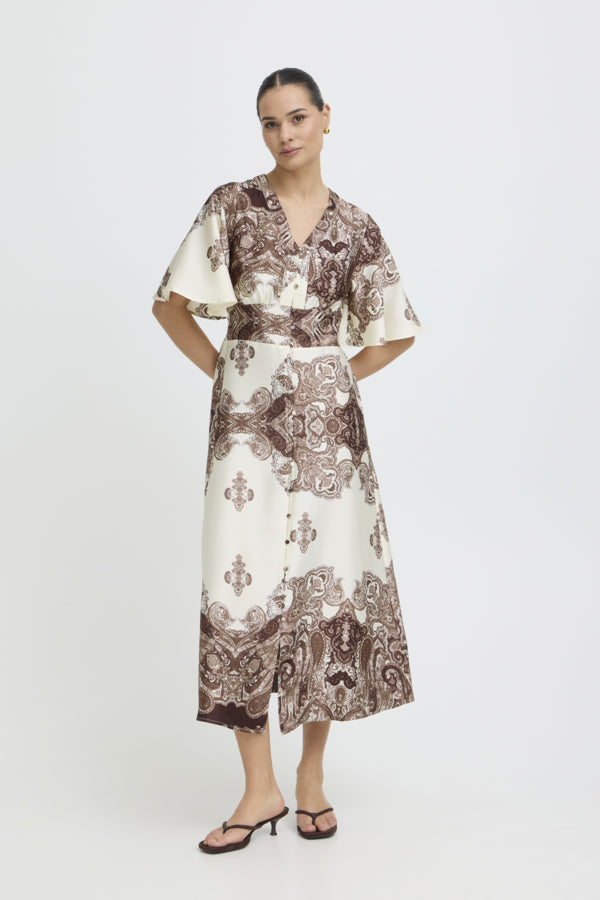 JANNIKE 2 Short Sleeve Silky Dress in Chocolate Paisley Print