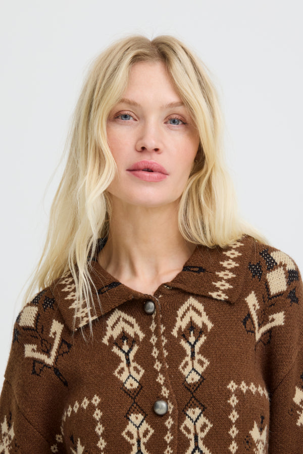 ORLI Jacquard Folk Style Cardigan in Chocolate Brown
