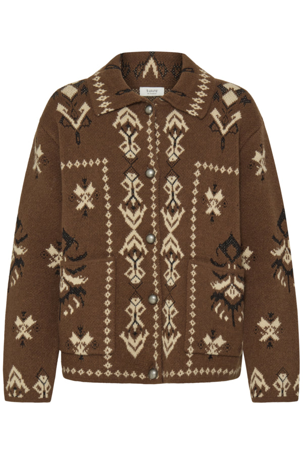ORLI Jacquard Folk Style Cardigan in Chocolate Brown