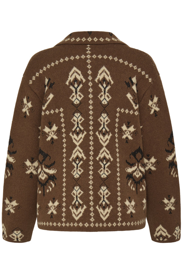 ORLI Jacquard Folk Style Cardigan in Chocolate Brown