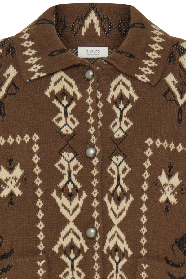 ORLI Jacquard Folk Style Cardigan in Chocolate Brown