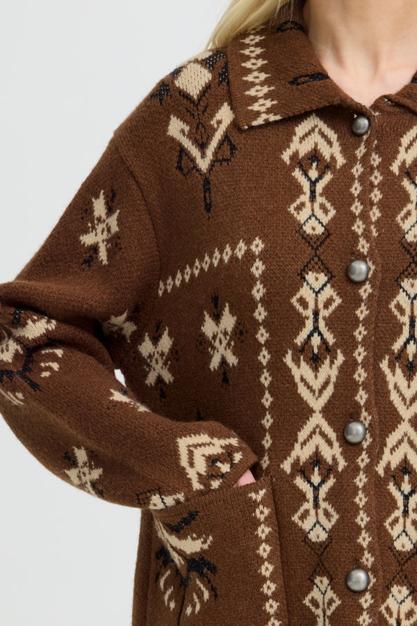 ORLI Jacquard Folk Style Cardigan in Chocolate Brown