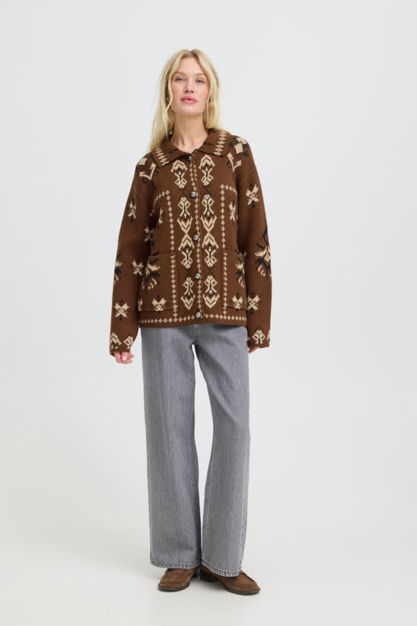 ORLI Jacquard Folk Style Cardigan in Chocolate Brown