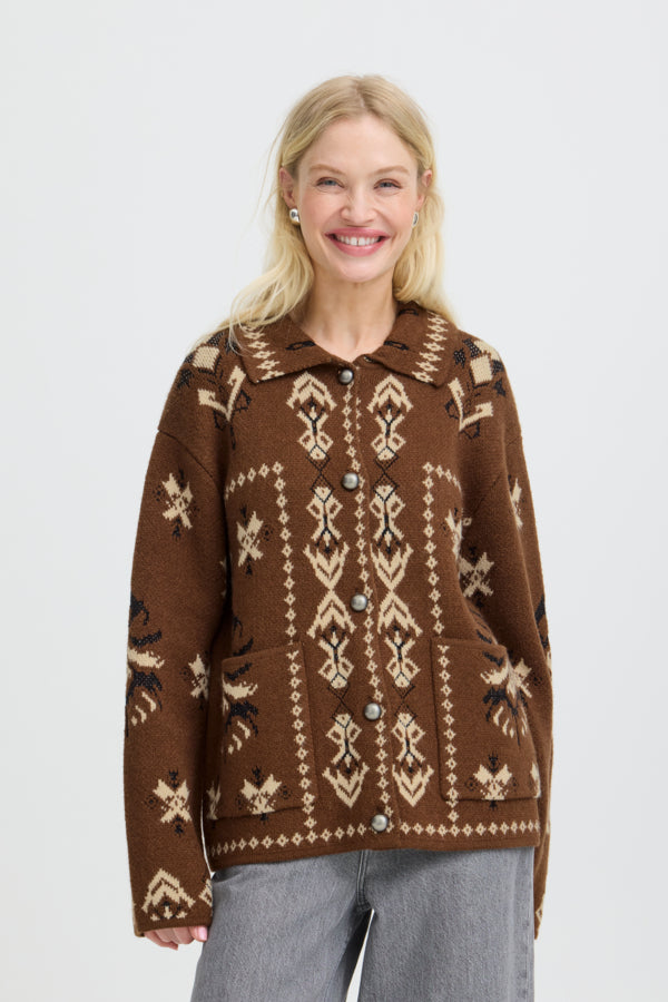 ORLI Jacquard Folk Style Cardigan in Chocolate Brown