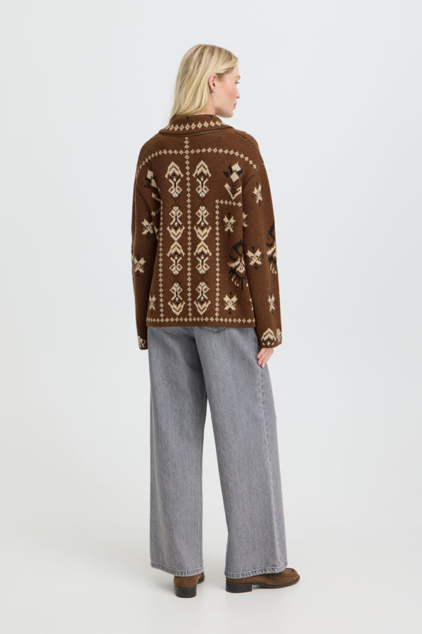 ORLI Jacquard Folk Style Cardigan in Chocolate Brown