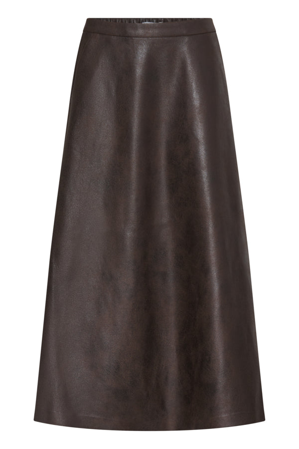 DIMIAN Vegan Leather Midi Skirt in Chocolate Java Brown