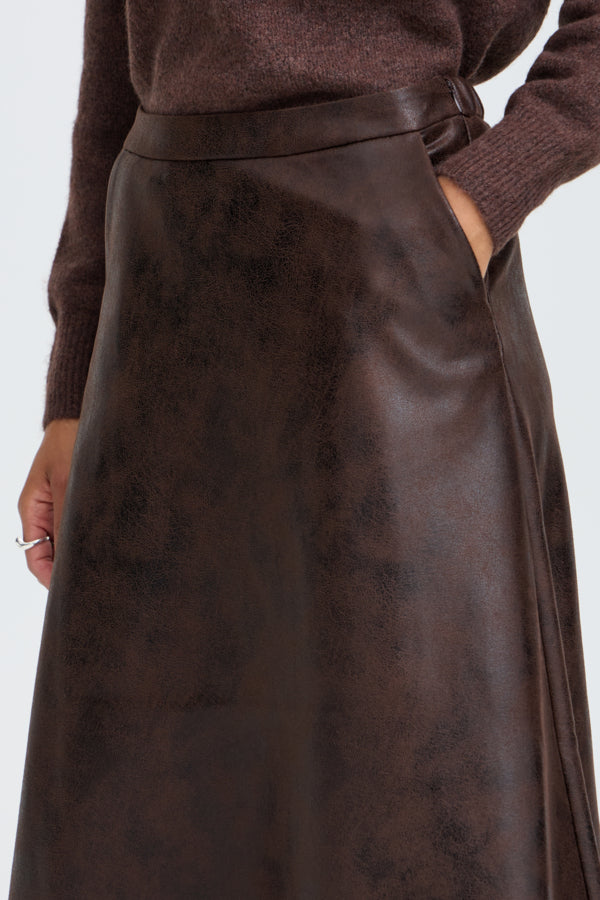 DIMIAN Vegan Leather Midi Skirt in Chocolate Java Brown