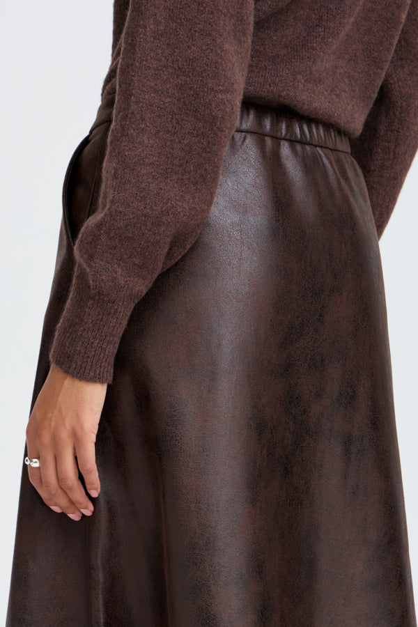 DIMIAN Vegan Leather Midi Skirt in Chocolate Java Brown