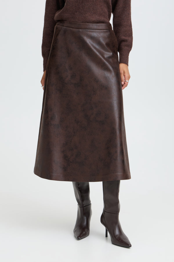 DIMIAN Vegan Leather Midi Skirt in Chocolate Java Brown