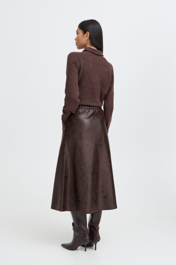 DIMIAN Vegan Leather Midi Skirt in Chocolate Java Brown