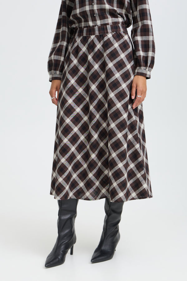 FLANNY Check Tartan Midi Skirt in Chocolate Brown