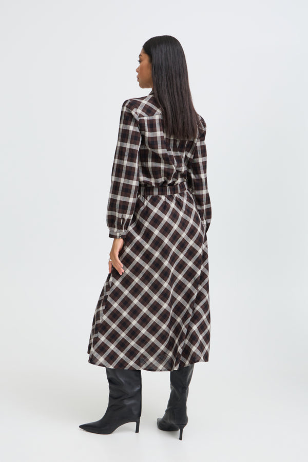 FLANNY Check Tartan Midi Skirt in Chocolate Brown