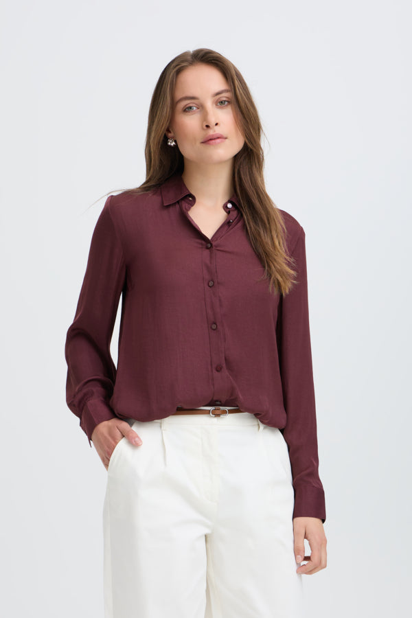 IVAL Silky Button Down Shirt in Burgundy Fig