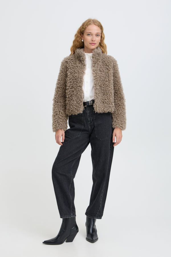 ARINIE Faux Fur Teddy Cropped Jacket in Silver Mink