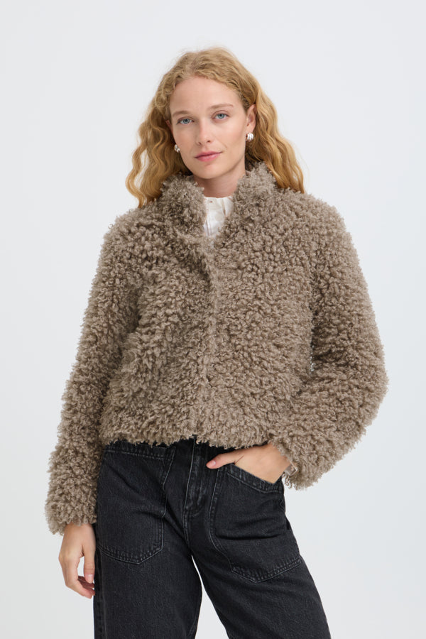 ARINIE Faux Fur Teddy Cropped Jacket in Silver Mink