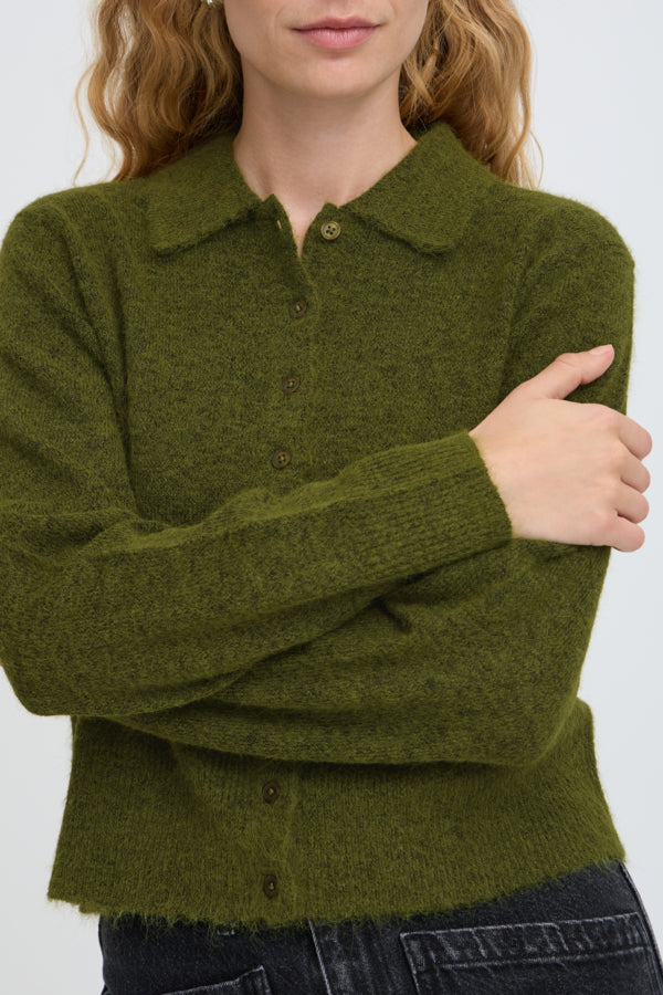 MINUA Collared Cardigan in Avocado Green
