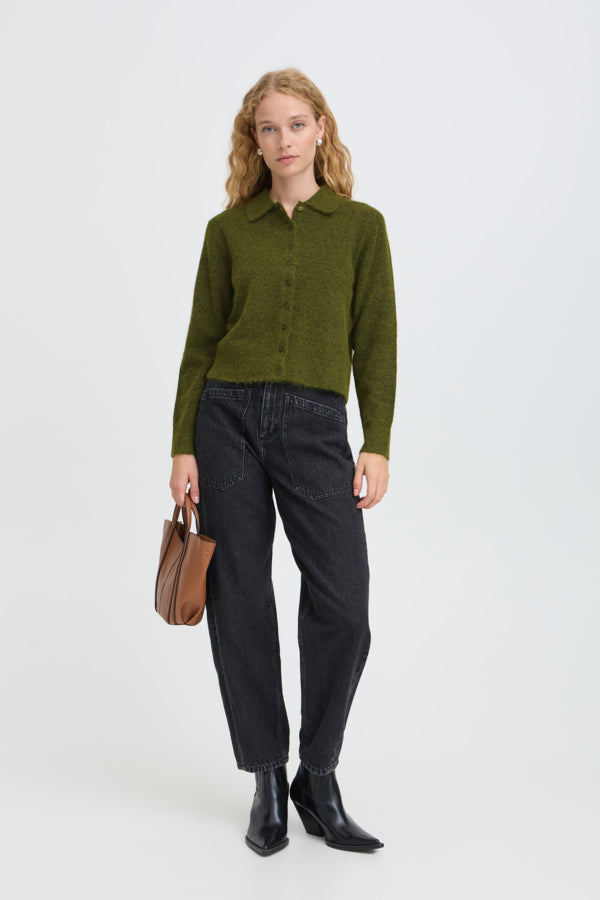 MINUA Collared Cardigan in Avocado Green
