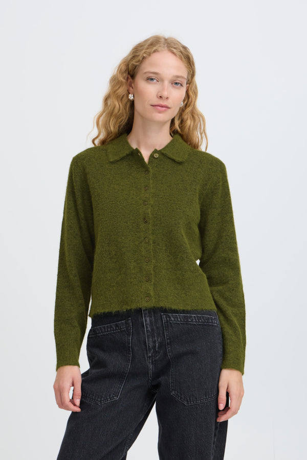 MINUA Collared Cardigan in Avocado Green