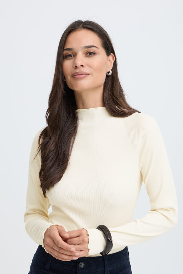 TONE Raglan Long Sleeve Lettuce Hem Cotton Top in Cream