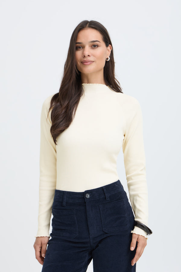 TONE Raglan Long Sleeve Lettuce Hem Cotton Top in Cream