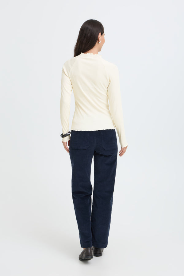TONE Raglan Long Sleeve Lettuce Hem Cotton Top in Cream