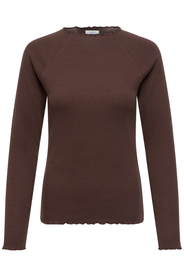 TONE Raglan Long Sleeve Lettuce Hem Cotton Top in Java Brown