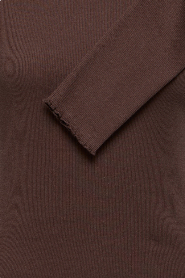 TONE Raglan Long Sleeve Lettuce Hem Cotton Top in Java Brown