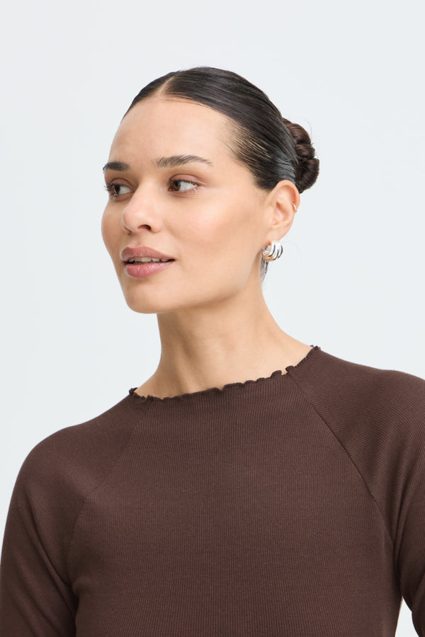 TONE Raglan Long Sleeve Lettuce Hem Cotton Top in Java Brown