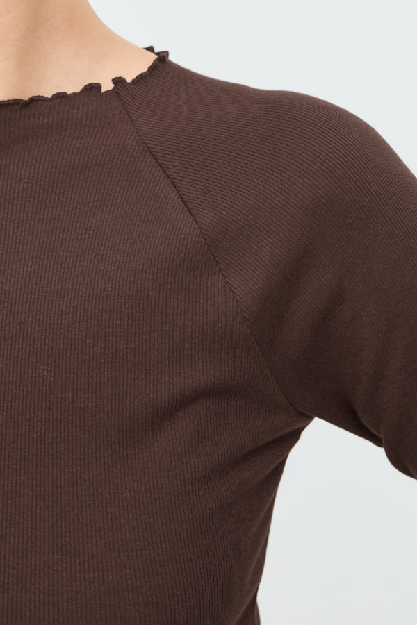 TONE Raglan Long Sleeve Lettuce Hem Cotton Top in Java Brown
