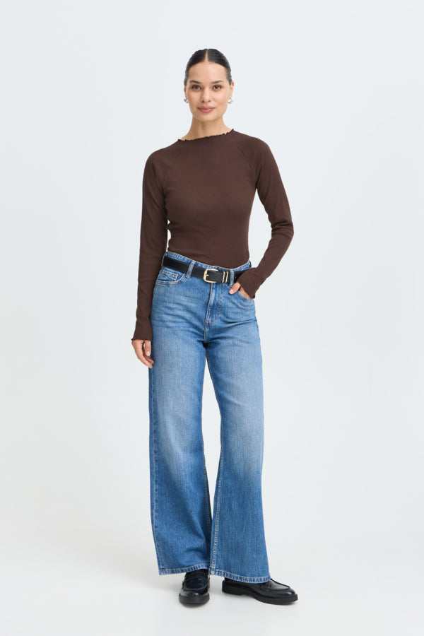 TONE Raglan Long Sleeve Lettuce Hem Cotton Top in Java Brown