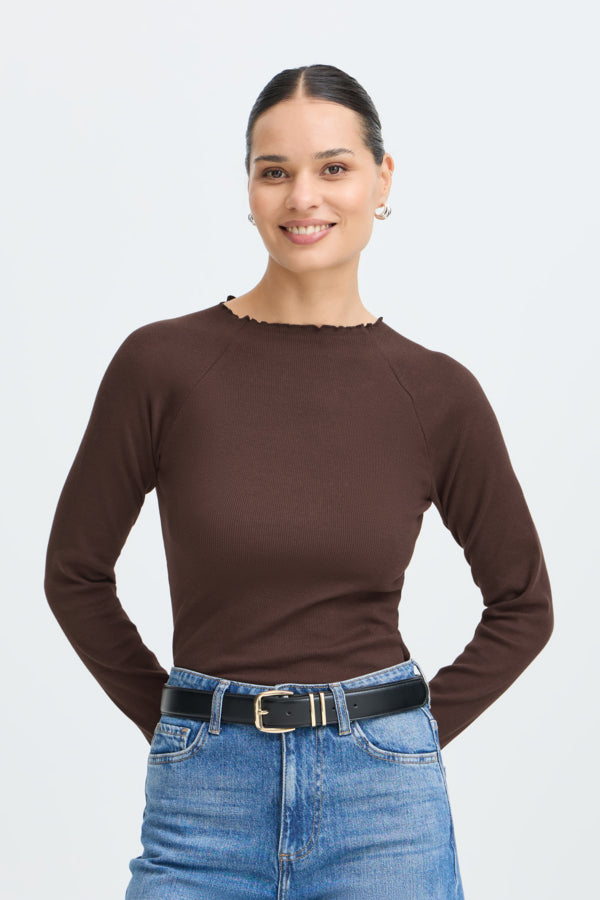 TONE Raglan Long Sleeve Lettuce Hem Cotton Top in Java Brown