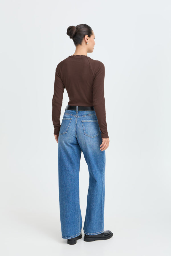 TONE Raglan Long Sleeve Lettuce Hem Cotton Top in Java Brown