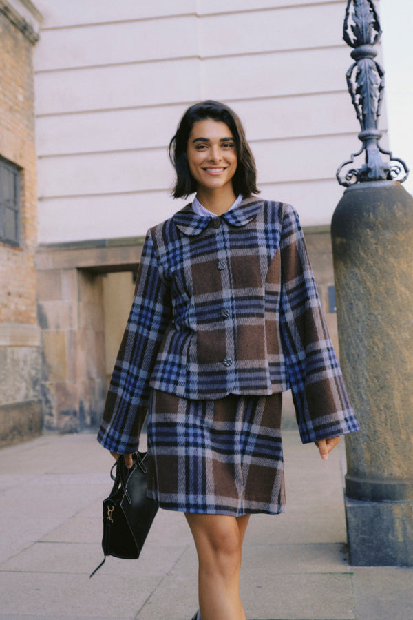 BREE Wool Check Mini Skirt in Blue and Brown