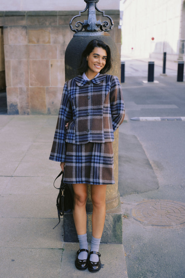 BREE Wool Check Mini Skirt in Blue and Brown