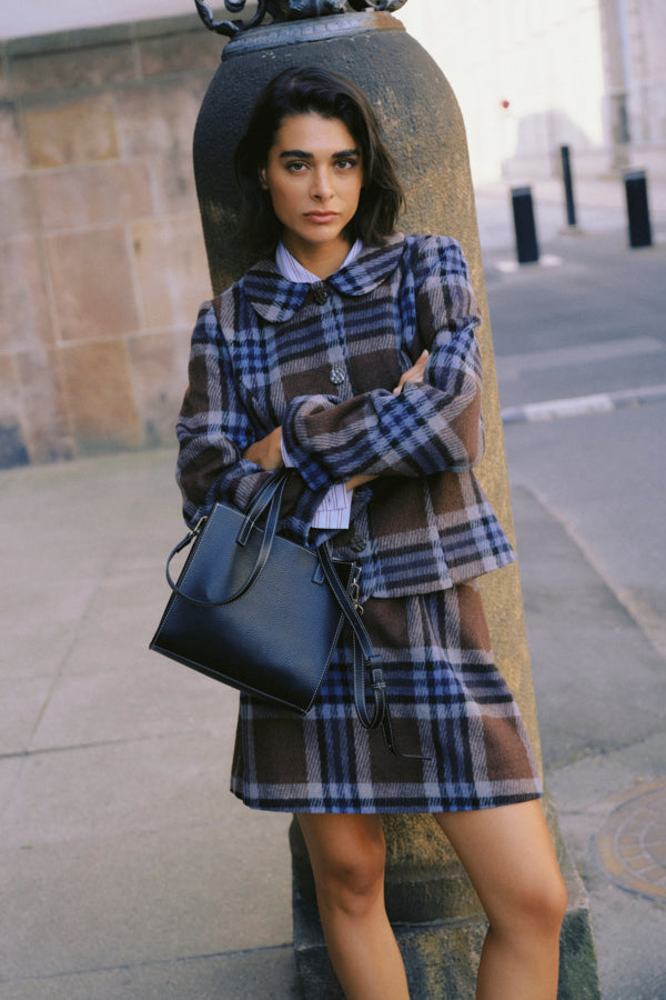 BREE Wool Check Mini Skirt in Blue and Brown