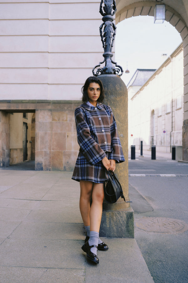 BREE Wool Check Mini Skirt in Blue and Brown