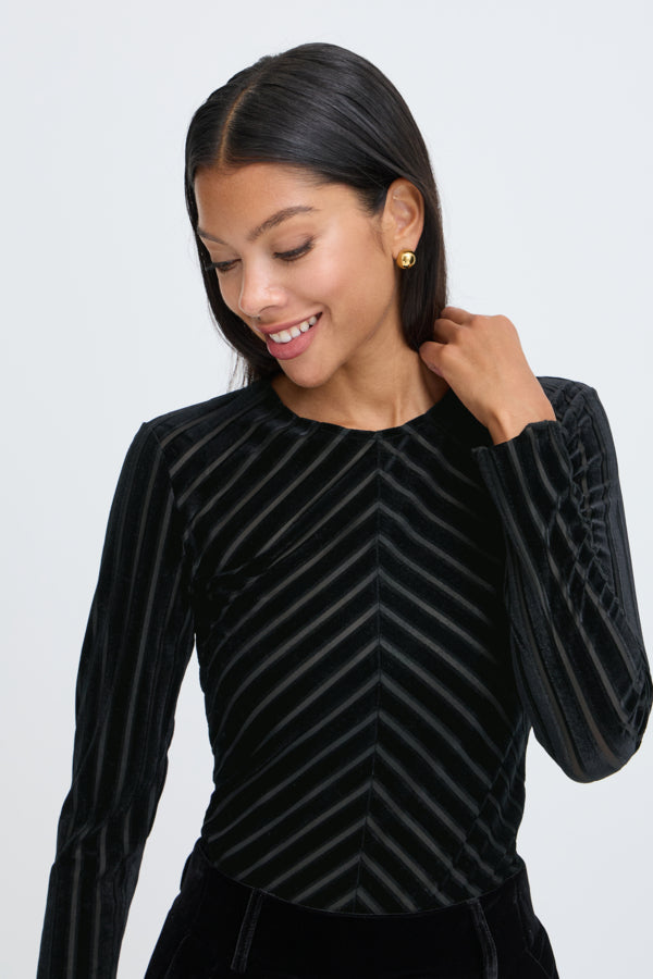 SHIRLEY Mesh Top in Black Velvet Stripe