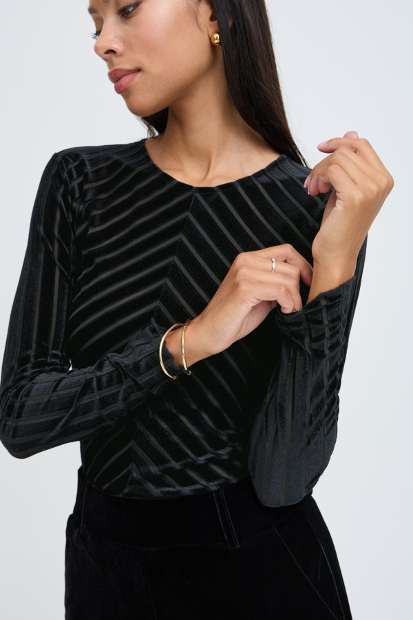SHIRLEY Mesh Top in Black Velvet Stripe