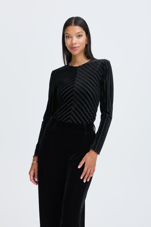 SHIRLEY Mesh Top in Black Velvet Stripe