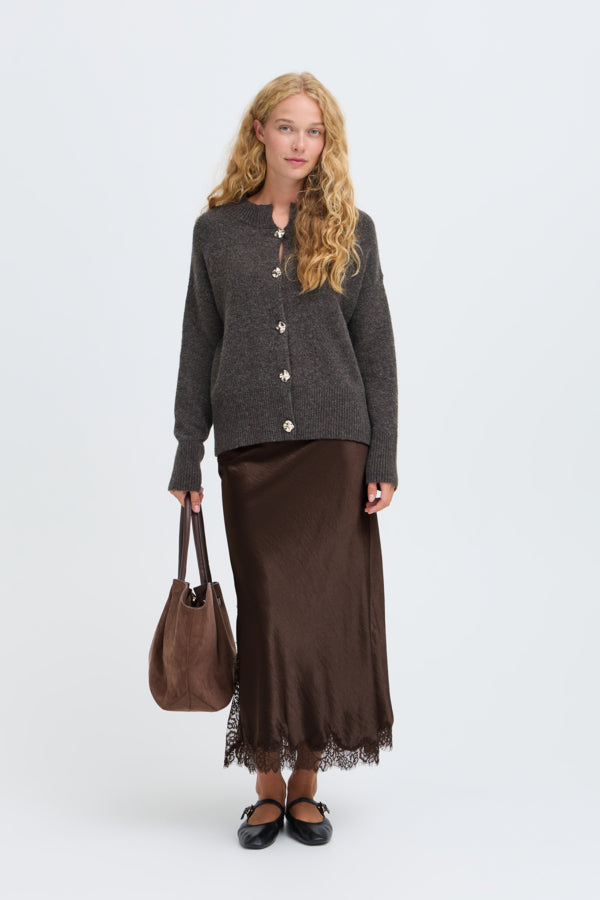 JOYOUS Silky Skirt with Lace Detail in Brown
